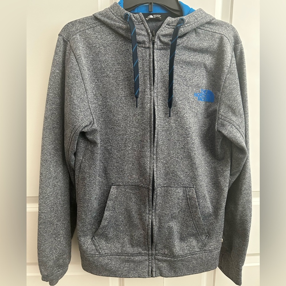 The North Face Heather Gray Hoodie with Blue Accents
